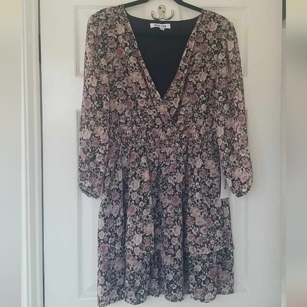 Anna Sui Black and Pink Floral Midi Dress